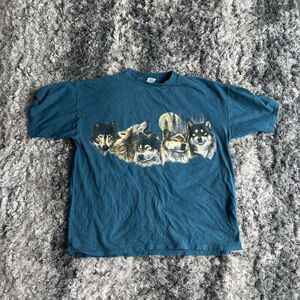 Vintage Women's Sz XXL Short Sleeve Wolf All Over Print Howling Moon T-Shirt Y2K